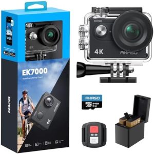 AKASO EK7000 Caméra Sport 4K 30fps 20MP WiFi avec Carte Mémoire microSDXC 64 Go, Action Camera 4k Étanche jusqu'à 30M avec Stabilisation Grand Angle de 170° Télécommande 2.4G